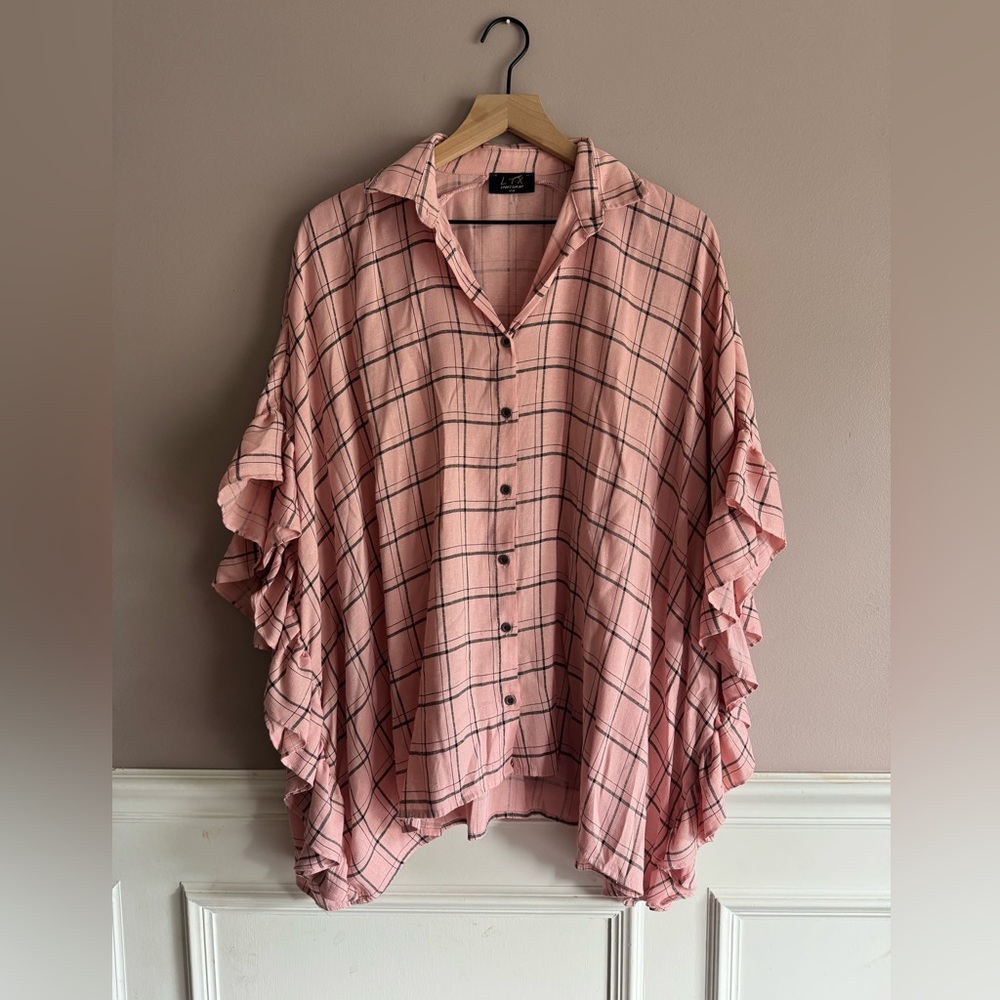 Pink and Black Plaid Oversized Short Sleeve Button Up Shirt Ruffle Fall